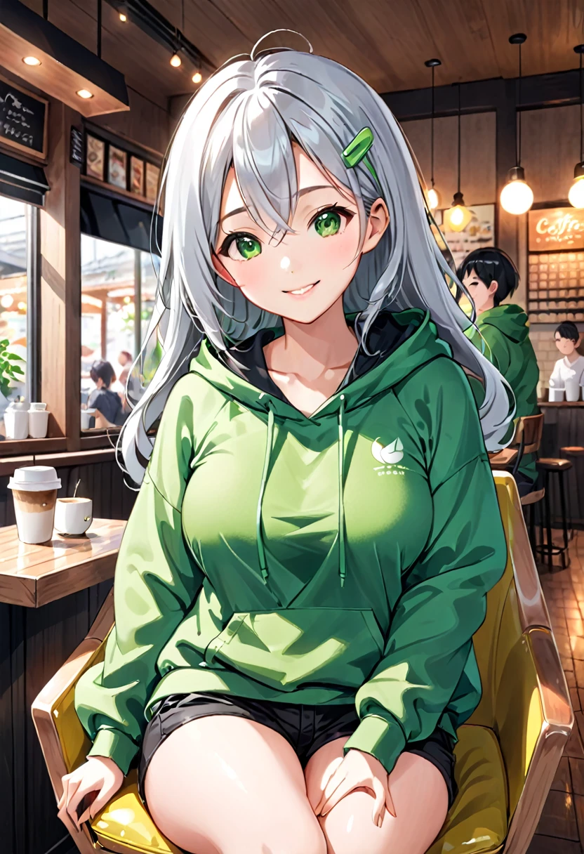 Pretty asian woman, bright silver hair, green eyes, busty, black shorts and a green hoodie, cute, sitting in a big chair. Anime style, coffee shop environment, pretty smile