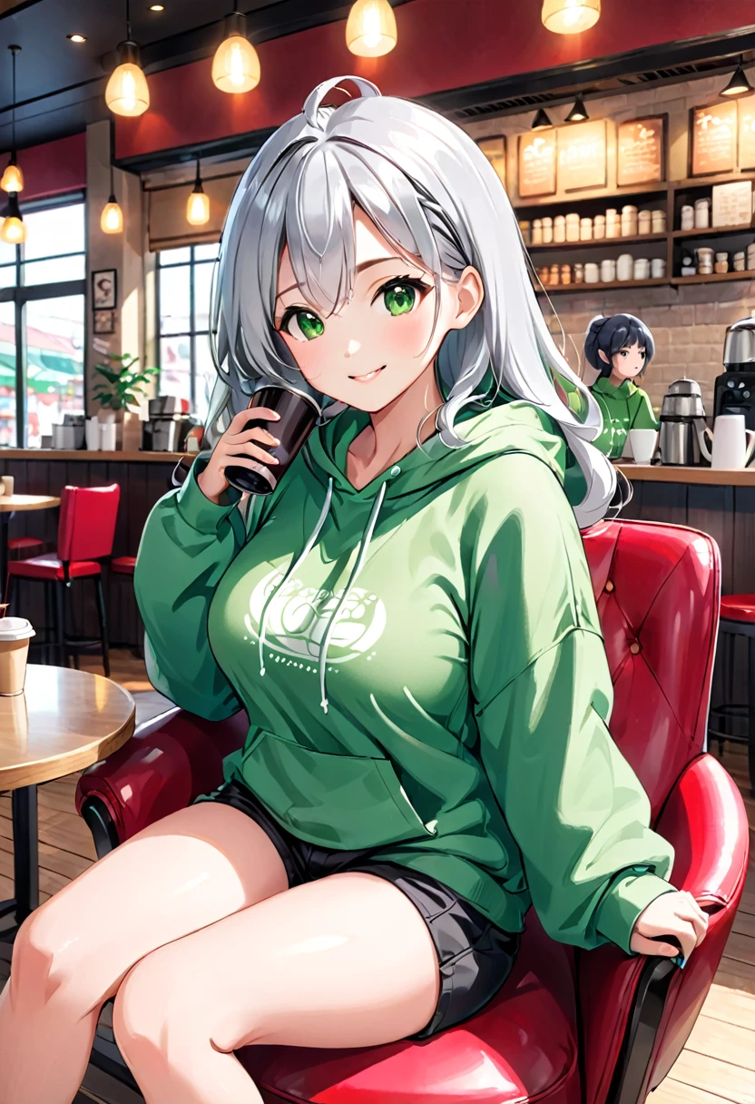 Pretty asian woman, bright silver hair, green eyes, busty, black shorts and a green hoodie, cute, sitting in a big chair. Anime style, coffee shop environment, pretty smile