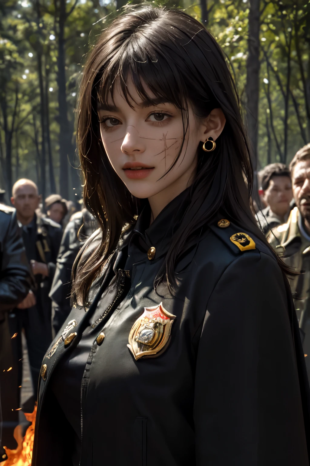 realistic, masterpiece, best quality, close-up, lips , upper body , no makeup, mature female, cowboy shot, black hair, military uniform, black military jacket , black cape , , badge, military jacket , , valor , golden badge , military badge, depth of field, long hair, mole under eye, , earrings, gloves, crowded place , crowd, evening, branch, dead tree, fireflies, sparkle, fire_sparkle , fire , scar_on_eye , military badge , medals , blood , bleeding , on fire forest , burning trees , military valor , burning background , crowded place , , big fire , german military , battlefield , red eyes , pose , hair bangs