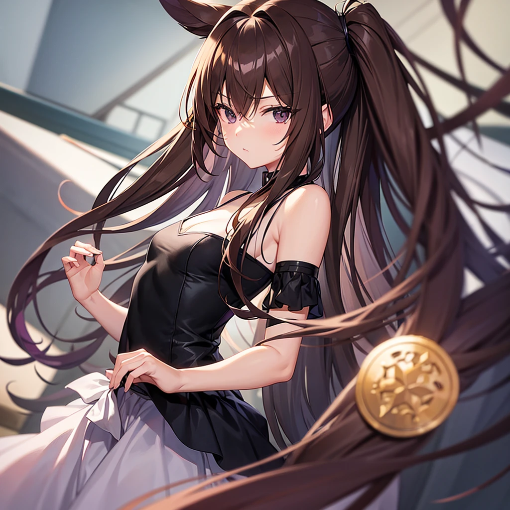 create an anime style image of one with brown hair with lavender highlights and black eyes