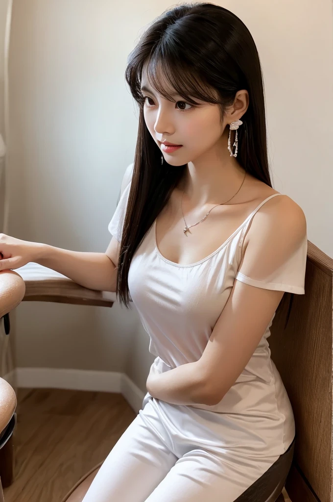 ((white t-shirt)), ((black cotton pants)), massage parlor, ((full body)), ((photo)), ((best qualtiy, 8K, tmasterpiece:1.3)), Focus:1.2, perfect figure beautiful girl:1.4, 1girl, cowboy shot, look at viewer, incredibly absurd, beautiful and cute girl with a photorealistic face, showcasing top-quality craftsmanship, Japanese woman working at a massage parlor, 20 years old, straight black hair down to the jaw line, silky and straight hair, fair and clear skin, small face, straight nose, large round brown eyes, long eyelashes, plump cherry-colored lips, well-defined eyebrows, clean-cut face, long neck, beautiful décolleté line, , delicate, slender, beautiful C-cup breasts, silver necklace, small earrings, pretty older woman, beautiful, neat, soothing, devilish type, calm demeanor, soft-spoken, curious, likes alcohol, likes to try new things, mature, June