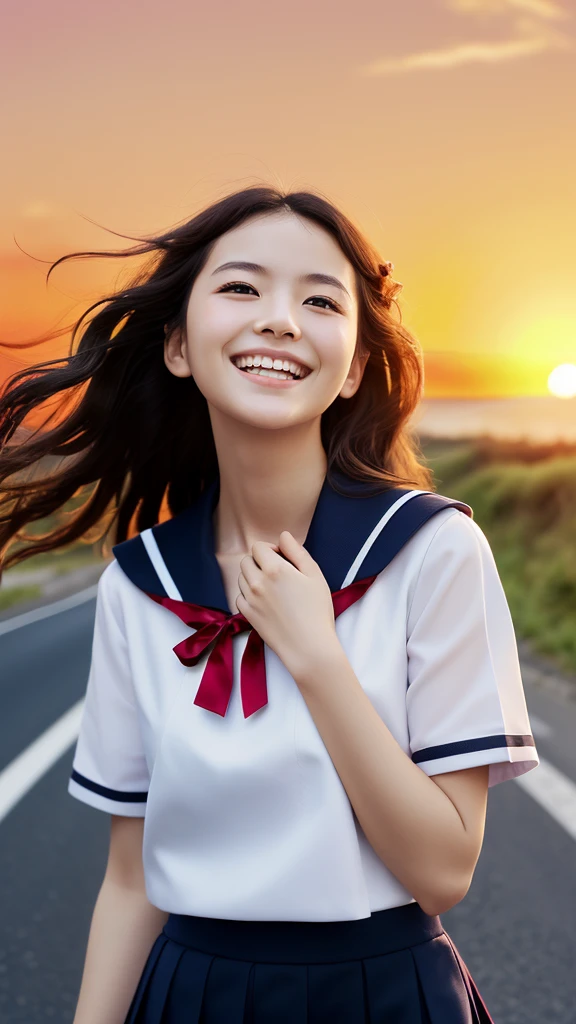 Facing forward、(Wearing a white sailor suit with a navy blue collar and red ribbon and a navy blue miniskirt、Close-up portrait of a girl with long black wavy hair: 1.5)、(Japanese girl with smiling face looking up at the sky on a country road:1.5)、(Blurred Background:1.5)、(red sky at sunset:1.5)、(Perfect Anatomy:1.3)、(Complete Hand:1.3)、(Full Finger:1.3)、Photorealistic、Raw photo、Mastepiece、Highest quality、High resolution、Delicate and beautiful、Perfect Face、Beautiful eyes in every detail、Fair skin、Real human skin、((Thin legs))、(Black Hair)