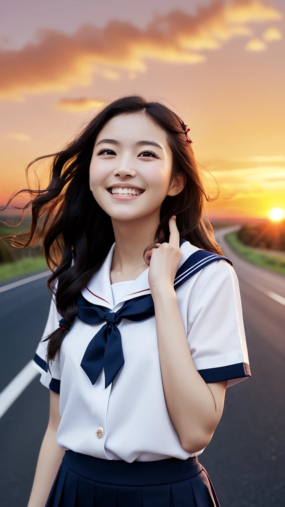 Facing forward、(Wearing a white sailor suit with a navy blue collar and red ribbon and a navy blue miniskirt、Close-up portrait of a girl with long black wavy hair: 1.5)、(Japanese girl with smiling face looking up at the sky on a country road:1.5)、(Blurred Background:1.5)、(red sky at sunset:1.5)、(Perfect Anatomy:1.3)、(Complete Hand:1.3)、(Full Finger:1.3)、Photorealistic、Raw photo、Mastepiece、Highest quality、High resolution、Delicate and beautiful、Perfect Face、Beautiful eyes in every detail、Fair skin、Real human skin、((Thin legs))、(Black Hair)