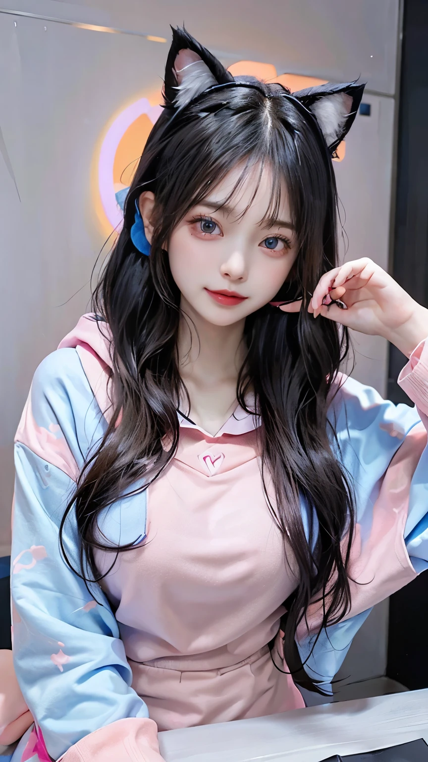 /imagine a beautiful anime girl live streaming from her room, with long black hair, big blue eyes, wearing a pink hoodie and a cute headset with cat ears, sitting in front of a modern computer setup with colorful LED lights, surrounded by plushies and posters on the wall, smiling and engaging with her audience, bright and cheerful atmosphere

