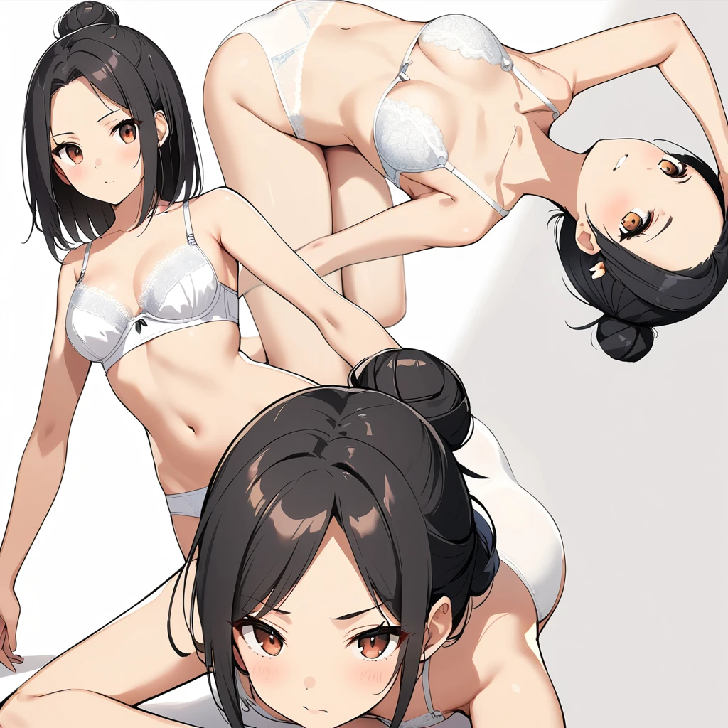 16k works,Highest quality,18-year-old,No background.White background only,whole body、Kneel,Dynamic and sexy pose, One person, Beautiful Face,, Symmetrical eyes, Perfect body, Good balance、 Perfect body、Brown eyes、expensive、Black Hair、(expose forehead:1.7)、(Hair Bun:1.3),Straight hair、Luxury、(White lace bra:1.5)、(White panties:1.3)、(front:1.5)