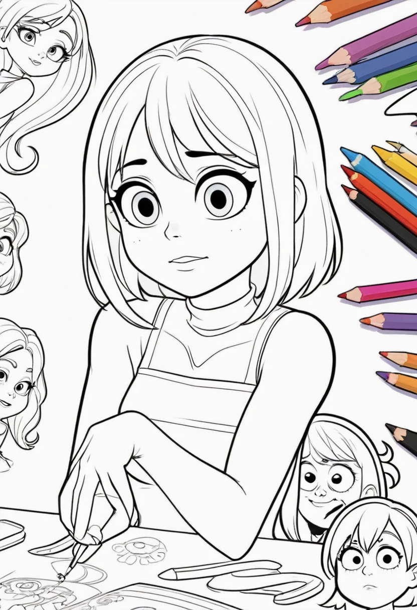 Vector Art, Flattening, smooth line art, Minimalism, graphic design aesthetics, flat illustration, (masterpiece, best quality, perfect composition, very aesthetic, absurdres, ultra-detailed, intricate details, Professional, official art, Representative work:1.3) Create a coloring book with exact same characters from the "Inside Out 2" movie.