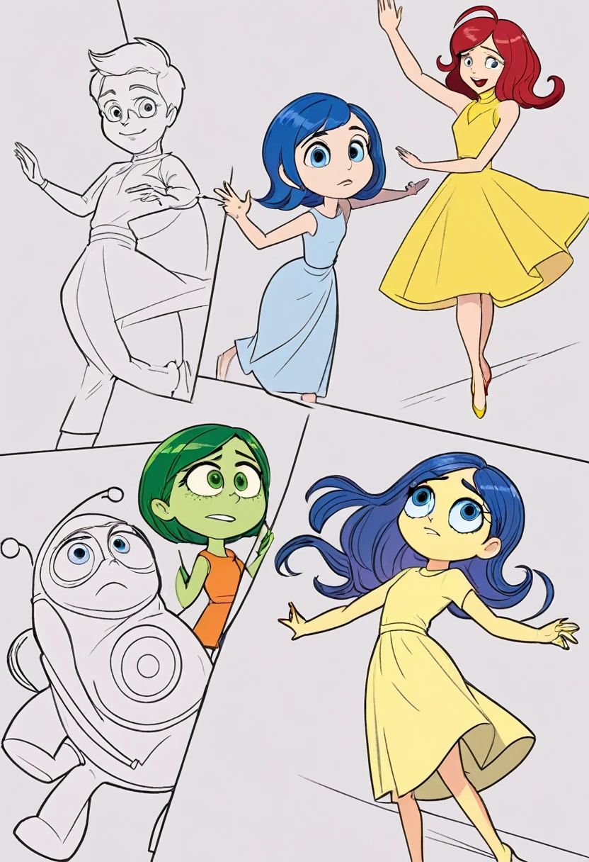 Vector Art, Flattening, smooth line art, Minimalism, graphic design aesthetics, flat illustration, (masterpiece, best quality, perfect composition, very aesthetic, absurdres, ultra-detailed, intricate details, Professional, official art, Representative work:1.3) Create a coloring book with exact same characters from the "Inside Out 2" movie.