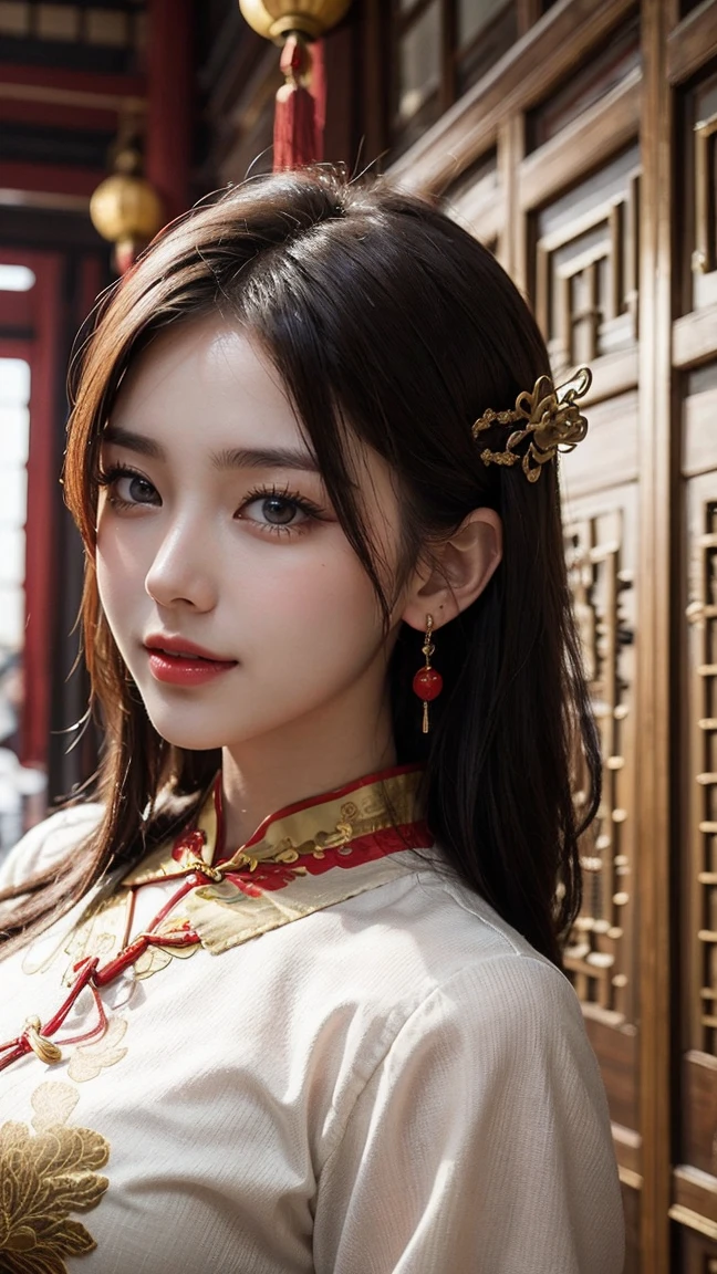 Top-quality Realistic,Official art,Highly detailed CG Unity 8k wallpaper,ultra-detailliert,hight resolution,Physically-based rendering,Magnificat,finely detail,masterpiece,Best Quality,ultra detailed, Face Light,Mature beauty,Beautiful girl,1girl,moist lips,sexy lips,Sexy smile,Gentle smile, 20 years old, Beautiful bare skin,Smooth bare skin,(Beautiful and radiant skin), big well-shaped breasts, beautiful cleavage,beautiful Mature body,swept bangs,(Medium hair:1.3), beautiful detailed eyes,model shoot style,Japanese Idol, Full-body,(Model posing with a historic Ming Dynasty building in the background:1.2),((Red and gold-embellished Cheongsam from the Ming Dynasty:1.5)),BREAK,(Heart shaped necklace),(Triangle ornament earrings),BREAK,(upper body:1.3),looking down,from below,POV from below,gentle smile like a goddess, ((Extreme close-up)),(spread arms, outstretched arms)