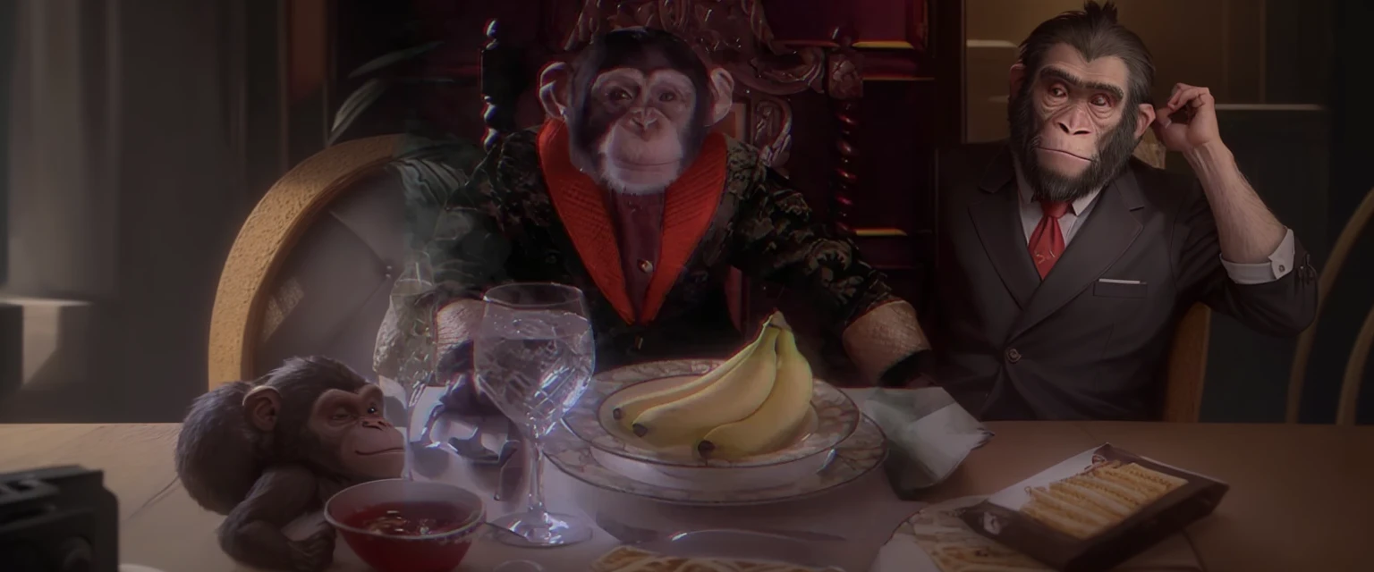 there is a monkey sitting at a table with a plate of bananas, bored ape nft, rasputin as grubhub character, donkey kong slips on a banana, subject= chimp, chinese president with bananas, bored ape, bored ape yacht club, still from a music video, borat is a chimp, baboon wearing a suit and tie