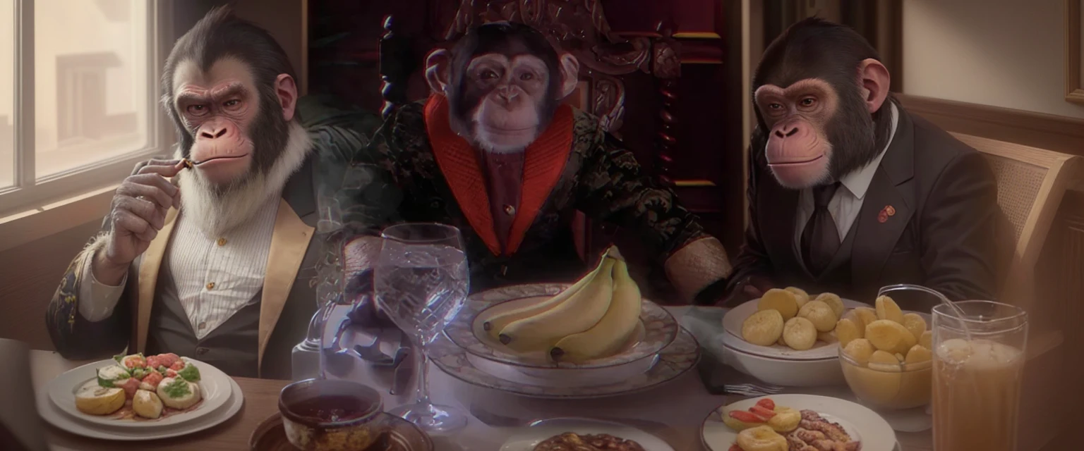 there is a monkey sitting at a table with a plate of bananas, bored ape nft, rasputin as grubhub character, donkey kong slips on a banana, subject= chimp, chinese president with bananas, bored ape, bored ape yacht club, still from a music video, borat is a chimp, baboon wearing a suit and tie