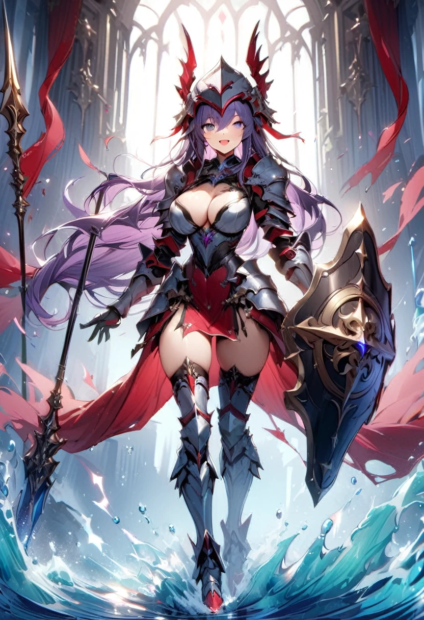 (masterpiece:1.2), (highest quality:1.2), 1girl, solo, purple-hair, long-hair, shield, breasts, weapon, armor, cleavage, large-breasts, polearm, helmet, open-mouth, smile, boots, purple-eyes, gauntlets, very-long-hair, thighhighs, blue-eyes, full-body, red-armor, looking-at-viewer, :d, blush, thigh-boots, simple-background, armored-boots, (Spear and Shield)