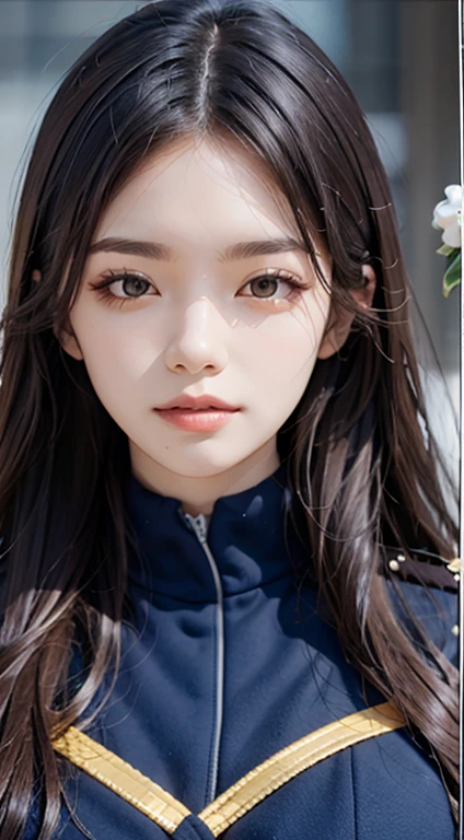 (UHigh resolution, retina, masterpiece, Accurate, Anatomically correct, Textured skin, Super detailed, Attention to detail, high quality, 最high quality, High resolution, 1080P, High resolution, 4K, 8K, 16K), (美しいAttention to detail目, Beautiful lip detail, Highly detailed eyes and face), Studio Lighting, Physically Based Rendering, Vibrant colors, (Large Breasts, Glamorous Body), (Royal Blue Color, navy uniform coat, class seal:1.5), (hunting:1.2), Business shirts, gloves, (Portraiture, Shiny Hair, Shiny skin, blush, Hair blowing in the wind), (Simple Background, Bokeh:1.5), Eye Reflexes, Jet Black Hair,Show off your beautiful figure、The allure of a super popular stripper、