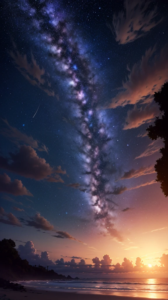 Sunset Beach, Night Sky, Photo realistic, Beautiful sky, Beautiful sea, Detailed, high quality, masterpiece,