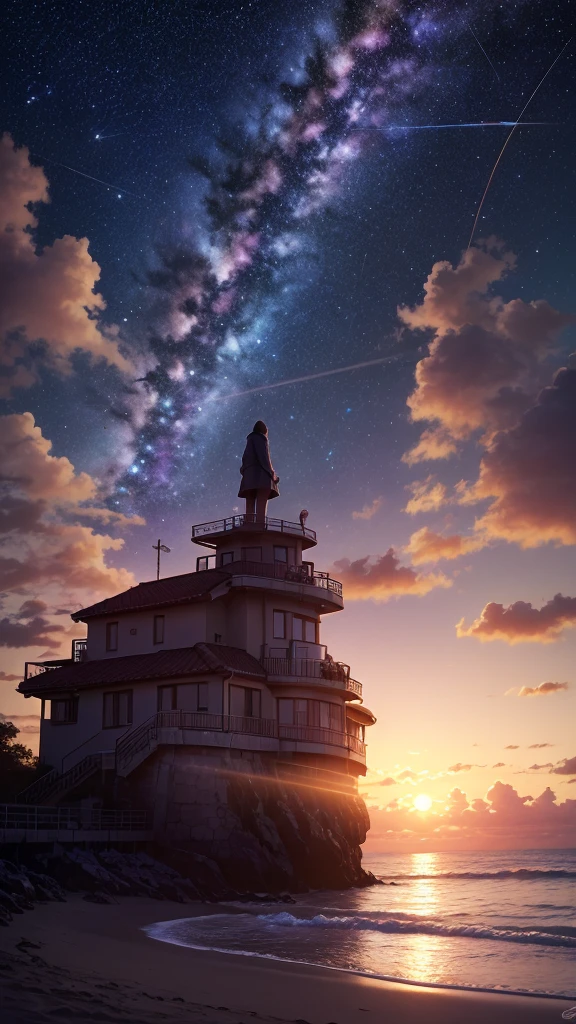 Sunset Beach, Night Sky, Photo realistic, Beautiful sky, Beautiful sea, Detailed, high quality, masterpiece,