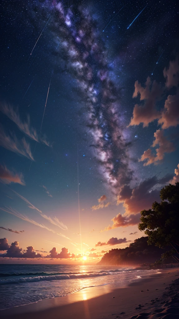 Sunset Beach, Night Sky, Photo realistic, Beautiful sky, Beautiful sea, Detailed, high quality, masterpiece,