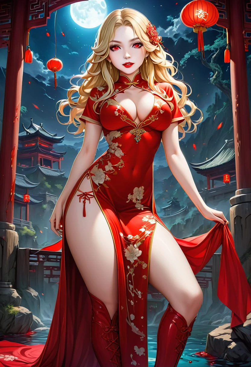 a beautiful female vampire wearing a (blood stained white Cheongsam: 1.5), an extremely beautiful female vampire, ultra detailed face, blond hair, long hair, wavy hair, dark glamour make up, pale skin, red lips, glowing red eyes, visible vampiric fangs, she wears a ((white Cheongsam: 1.5)), elegant, intricate detailed Cheongsam, silk Cheongsam, small cleavage, ((Cheongsam is decorated with gems: 1.4)), she wears elegant knee high heeled boots, exquisite knee high heeled boots, there are stains of blood on the upper part of the dress, dynamic background, best details, best quality, highres, ultra wide angle, 16k, [ultra detailed], masterpiece, best quality, (extremely detailed), full body, ultra wide shot, photorealistic, fantasy art, dnd art, rpg art, realistic art, blood everywhere,