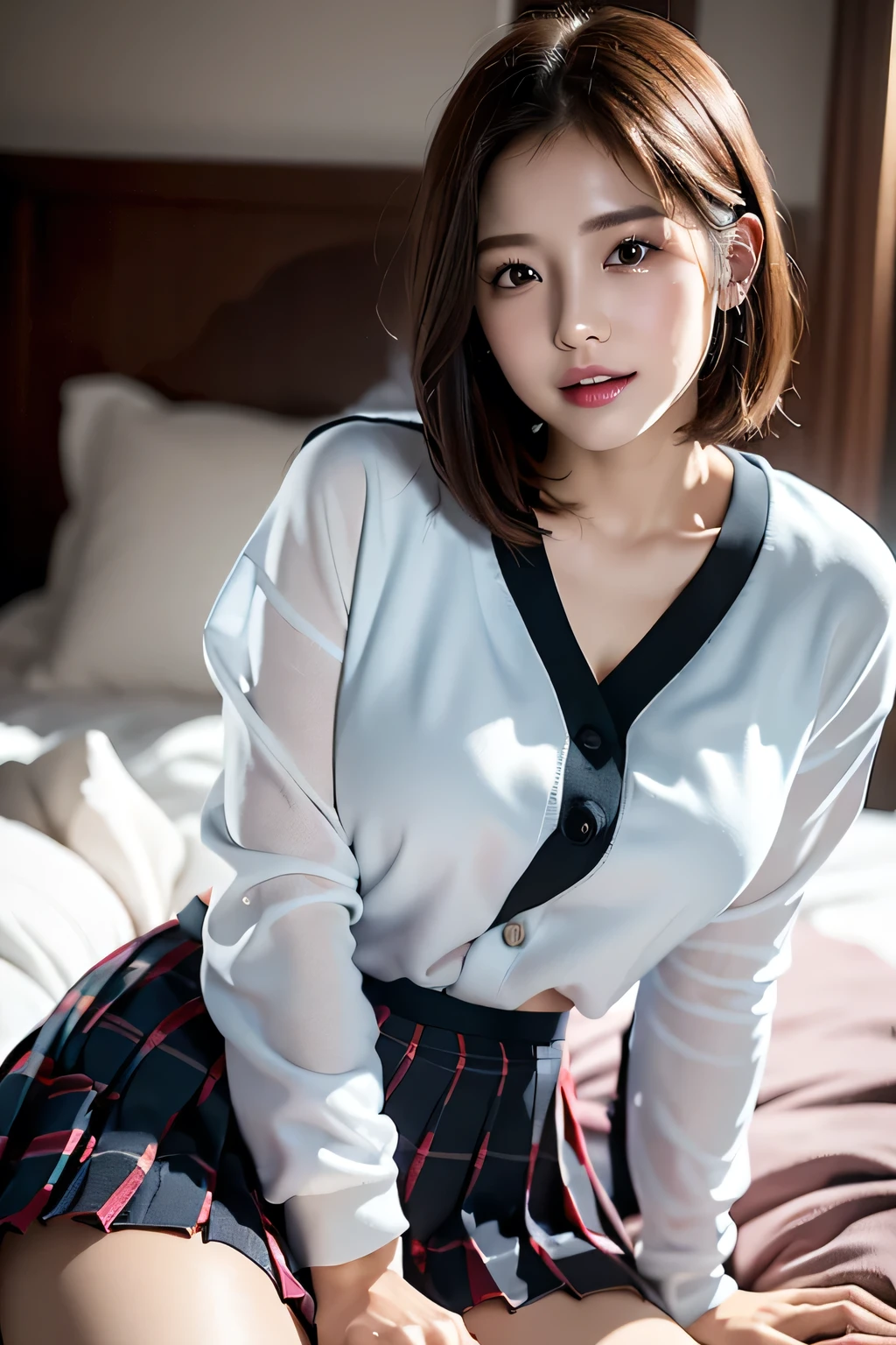 (((Woman lying on bed in bedroom)))、Accentuate your breasts、(((school uniform:1.3)))、Open white shirt、(((Check pleated skirt that fits snugly against the skin:1.7)))、(Reddish brown wet shiny short hair)、hairpin、hair ornaments、Blushing cheeks、Pointed red mouth、Large Breasts、Perfect body curves、Beautiful clavicle、Wet Hair、Wet Face、Wet body、Wet Skin、Wet costume、Detailed clothing features、Detailed hair features、Detailed facial features、Looking into the camera、(Dynamic Angle)、(Dynamic and sexy pose) )、Cinema Lighting、(masterpiece、Highest quality、Ultra-high resolution output images、Write Boundary Depth、Intricate details、Add depth to your subject with contrast between light and shadow、)、Digital Illustration、Single-lens reflex camera、(Realistic:1.3)、(8K quality、Anatomically correct facial structure、)、(Picture Mode Ultra HD、)