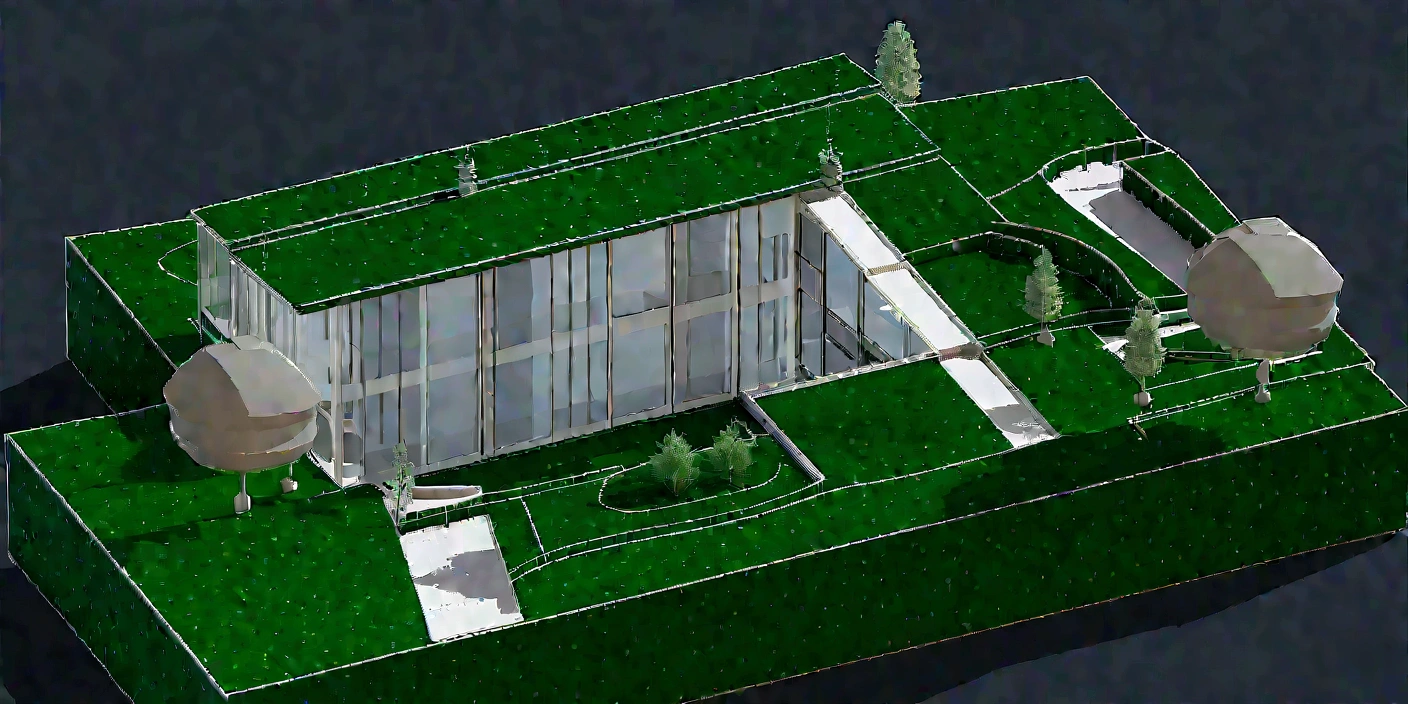 Aerial view of a building with a glass wall , translucent polycarbonate and a green roof and patios with vegetation ., 3D modeling, 3d rendered model, highly detailed model, Orthographic 3D rendering, 3d model rendered, 3d modeling, 3d modeling, isometric view from behind, Detailed 3D rendering, detailed 3d rendering, 3d render view, detailed model, digital model