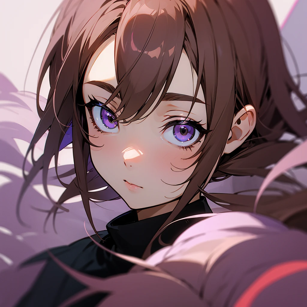 create 1 anime style image of 1 with brown hair with lilac highlights and black eyes