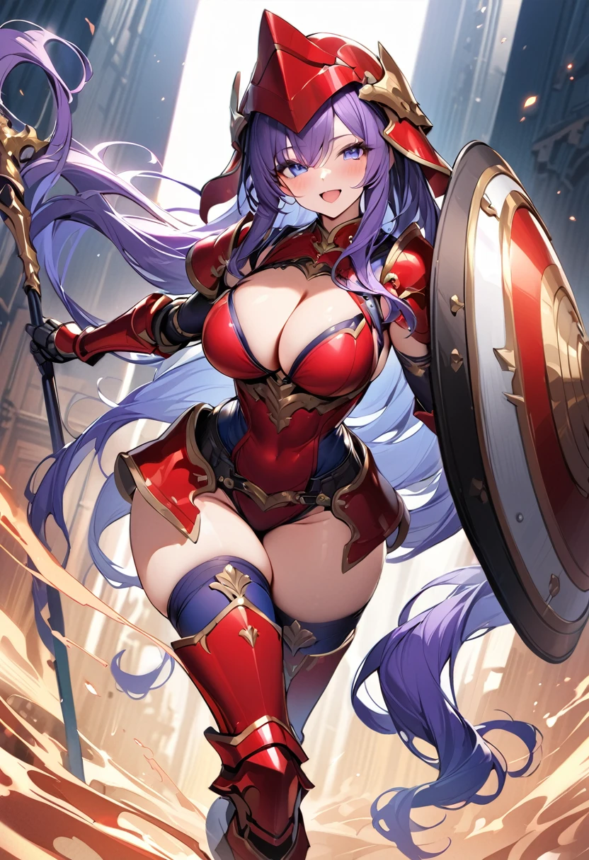 (masterpiece:1.2), (highest quality:1.2), 1girl, solo, purple-hair, long-hair, shield, breasts, weapon, armor, cleavage, large-breasts, polearm, helmet, open-mouth, smile, boots, purple-eyes, gauntlets, very-long-hair, thighhighs, blue-eyes, full-body, red-armor, looking-at-viewer, :d, blush, thigh-boots, simple-background, armored-boots,
