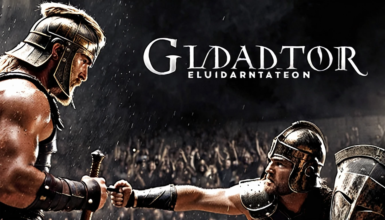 movie poster with the word: (GLADIATOR 2), (Scott Free Productions), (Legendary Entertainment), modern style, with Chris Hemsworth, long blonde hair, Roman armor, black color, rusty, fight scene, hyper-realistic, cinematic, cinematography, dark lighting, ???? image, highly detailed, sharply focused, realistic movie poster style, dynamic shot, --chaos 10 --ar 6:5 --raw style --stylize 600