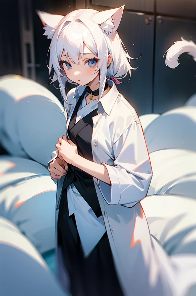 1girl, ebenya, looking at viewer, white hair, neko, cat ears, cat tail, white shirt, open clothes, russian city, ba-shiroko