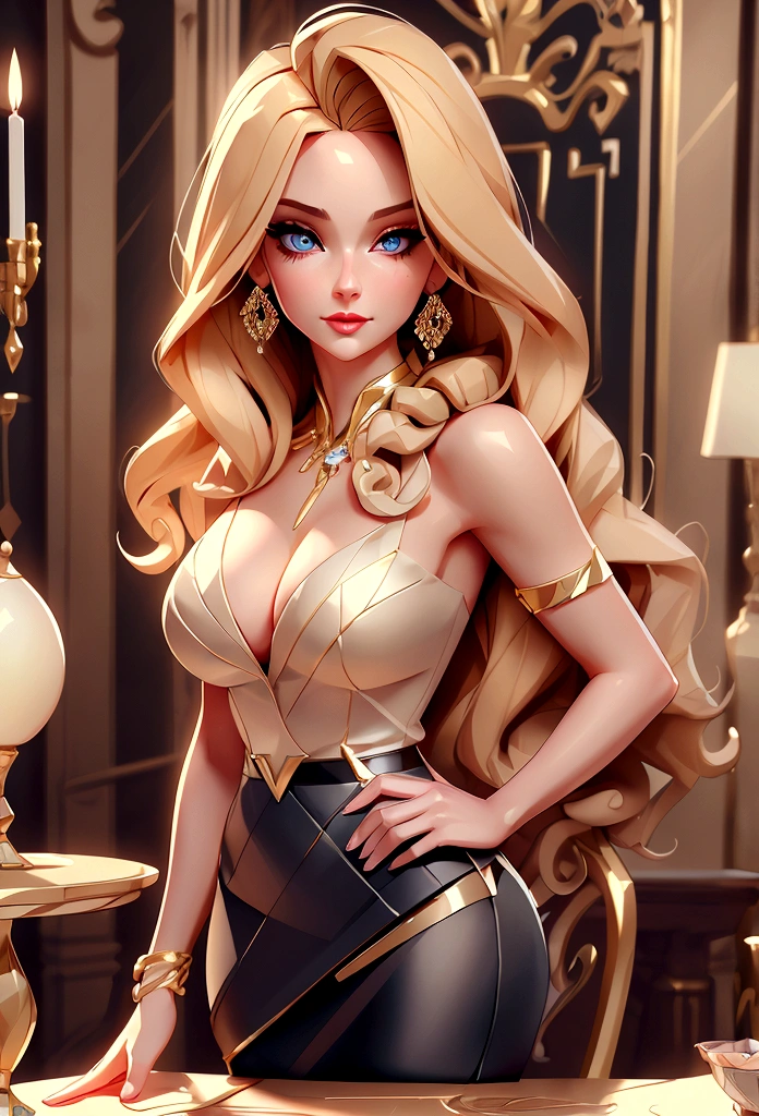 One mature woman,Age 25、Supermodel body type、Beautiful woman in an elegant business suit, Pencil Skirt, Bust up shot、Detailed face, Detailed eyes, Blue Eyes、Detailed lips, Long eyelashes, Wavy blonde hair, (4K,8K,High resolution:1.2), Super detailed, Cinema Lighting, Dramatic Shadows,Rich texture, Fashion Photography, masterpiece, Highest quality, so beautiful, Absurd