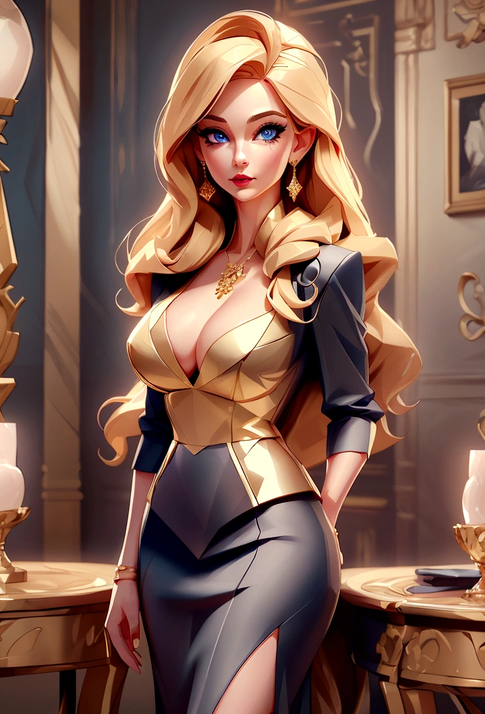 One mature woman,Age 25、Supermodel body type、Beautiful woman in an elegant business suit, Pencil Skirt, Bust up shot、Detailed face, Detailed eyes, Blue Eyes、Detailed lips, Long eyelashes, Wavy blonde hair, (4K,8K,High resolution:1.2), Super detailed, Cinema Lighting, Dramatic Shadows,Rich texture, Fashion Photography, masterpiece, Highest quality, so beautiful, Absurd