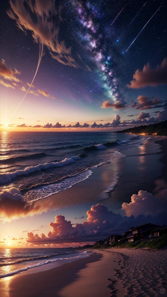 Sunset Beach, Night Sky, Photo realistic, Beautiful sky, Beautiful sea, Detailed, high quality, masterpiece,