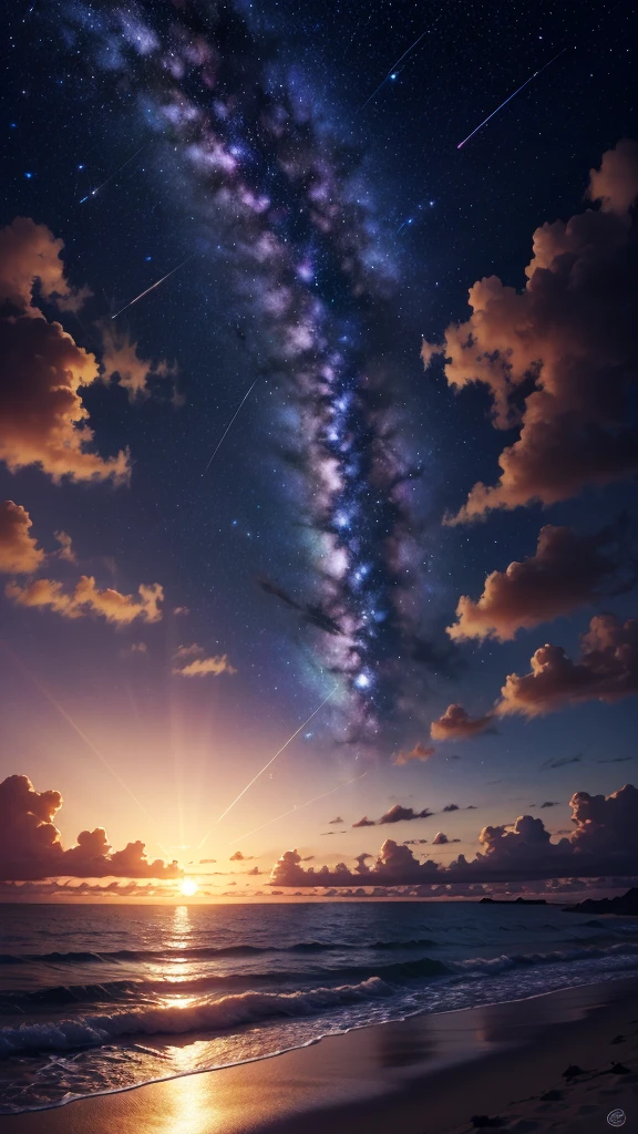 Sunset Beach, Night Sky, Photo realistic, Beautiful sky, Beautiful sea, Detailed, high quality, masterpiece,
