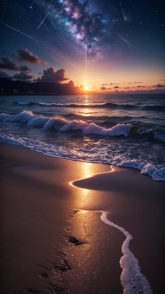 Sunset Beach, Night Sky, Photo realistic, Beautiful sky, Beautiful sea, Detailed, high quality, masterpiece,