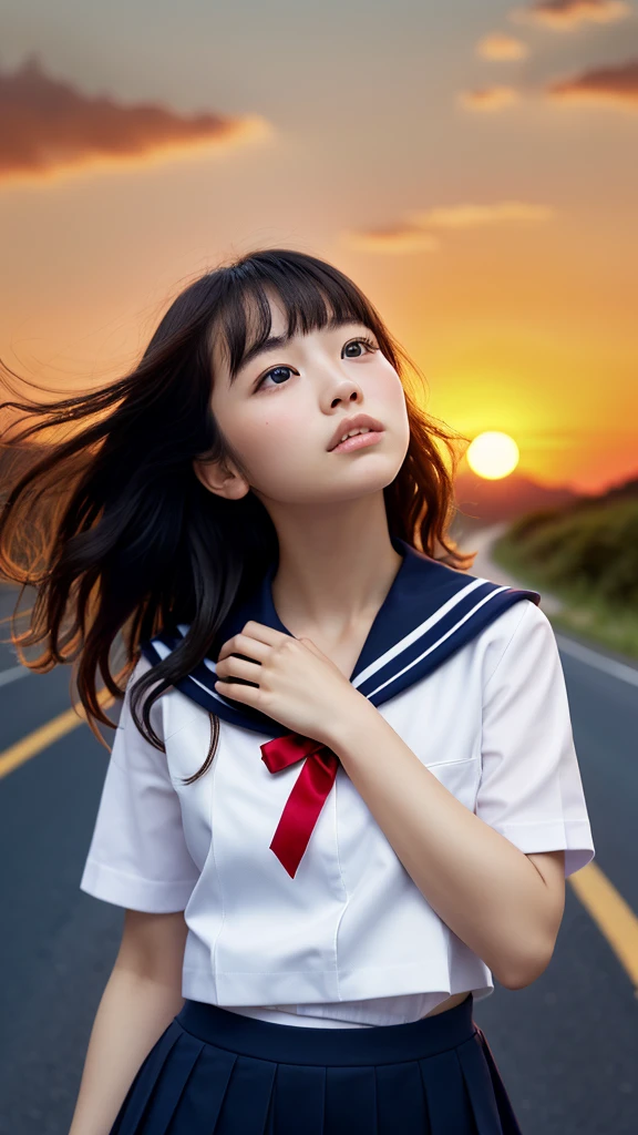 (Wearing a white sailor suit with a navy blue collar and a navy blue miniskirt、Close-up portrait of a girl with long black wavy hair: 1.5)、(Japanese girl with sad face looking up at the sky on country road:1.5)、(Blurred Background:1.5)、(red sky at sunset:1.5)、(Perfect Anatomy:1.3)、(Complete Hand:1.3)、(Full Finger:1.3)、Photorealistic、Raw photo、Mastepiece、Highest quality、High resolution、Delicate and beautiful、Perfect Face、Beautiful eyes in every detail、Fair skin、Real human skin、((Thin legs))、(Black Hair)