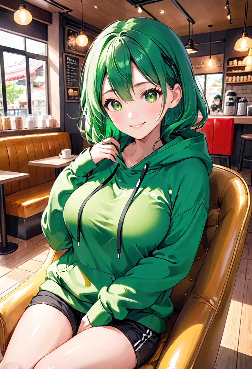 Pretty asian woman, bright green hair, green eyes, busty, black shorts and a green hoodie, cute, sitting in a big chair. Anime style, coffee shop environment, pretty smile