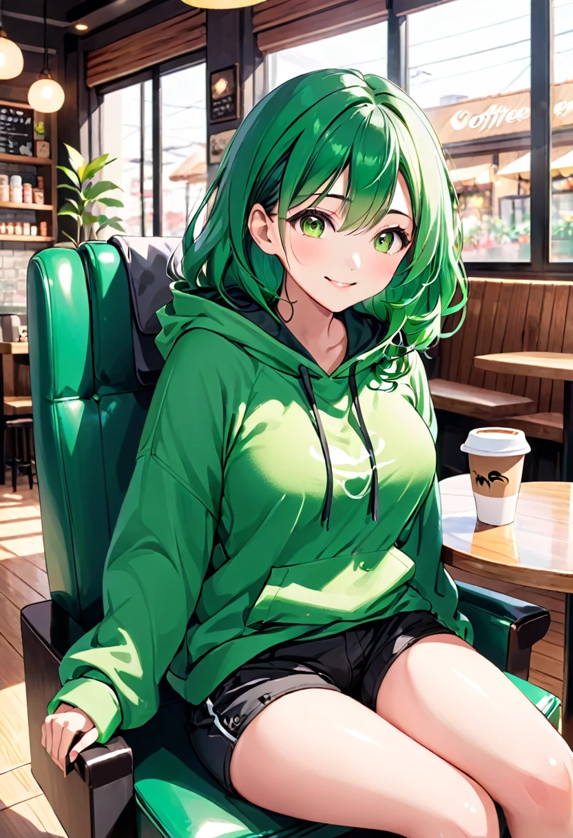 Pretty asian woman, bright green hair, green eyes, busty, black shorts and a green hoodie, cute, sitting in a big chair. Anime style, coffee shop environment, pretty smile