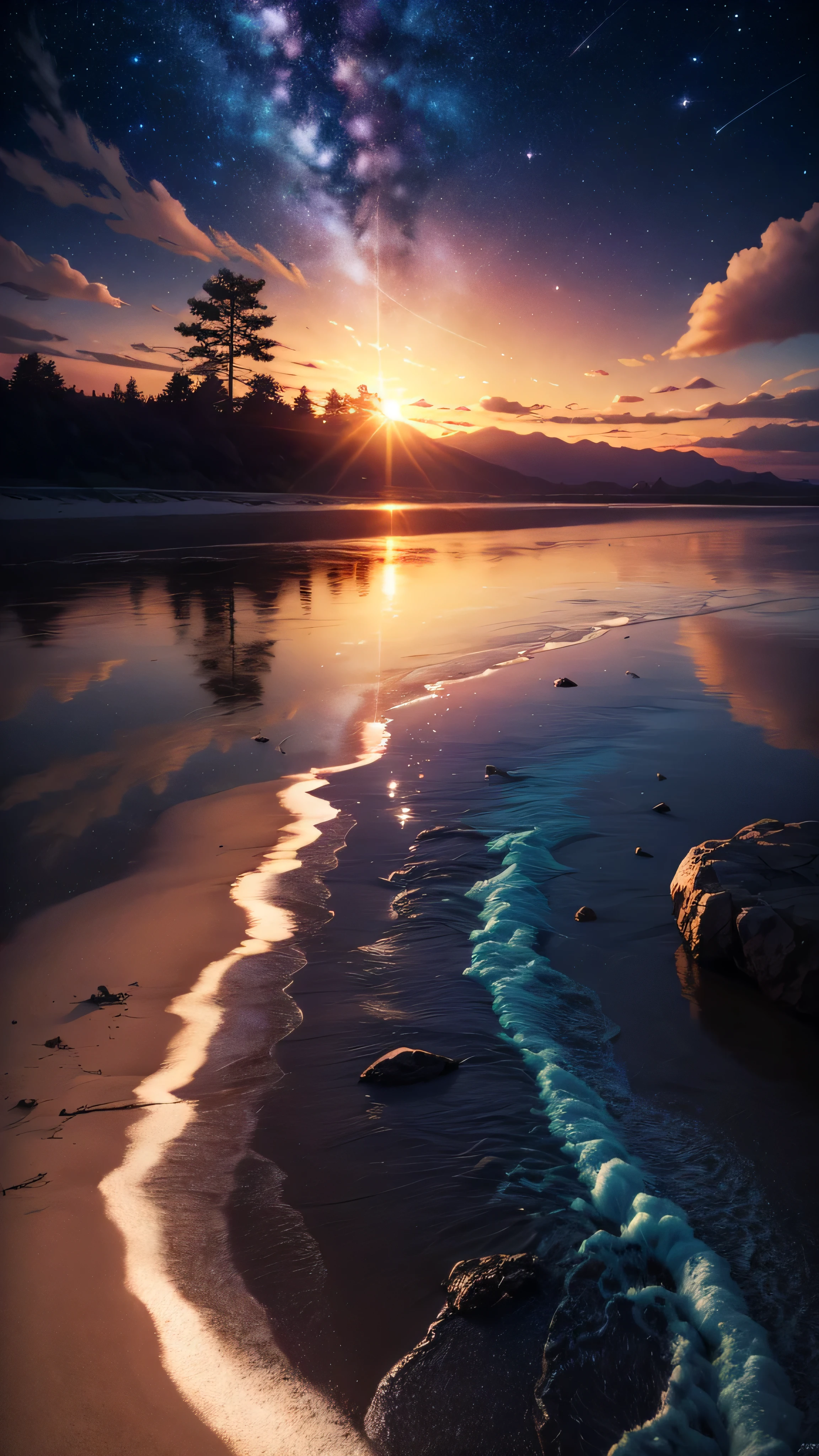 Sunset Beach, Night Sky, Photo realistic, Beautiful sky, Beautiful sea, Detailed, high quality, masterpiece,