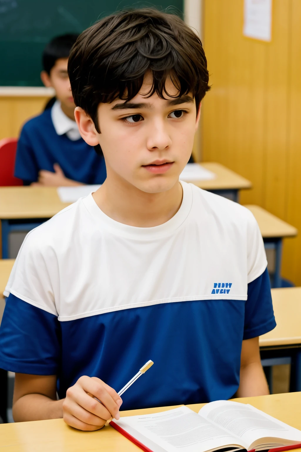 The sad boy explains why he feels that way.
The other listens carefully and shows understanding. (at school)