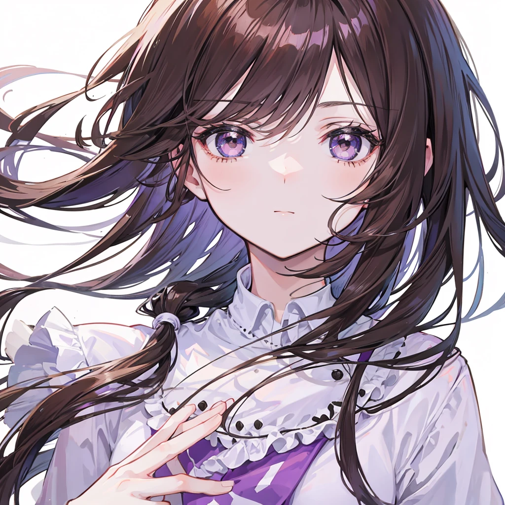 create 1 anime style image of 1 with brown hair with lilac highlights and black eyes white background 
