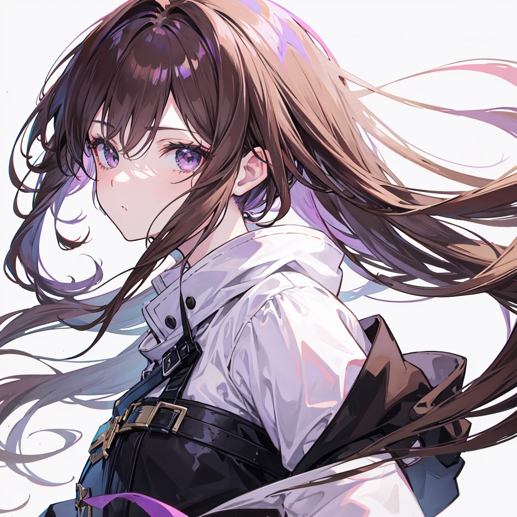 create 1 anime style image of 1 with brown hair with lilac highlights and black eyes white background