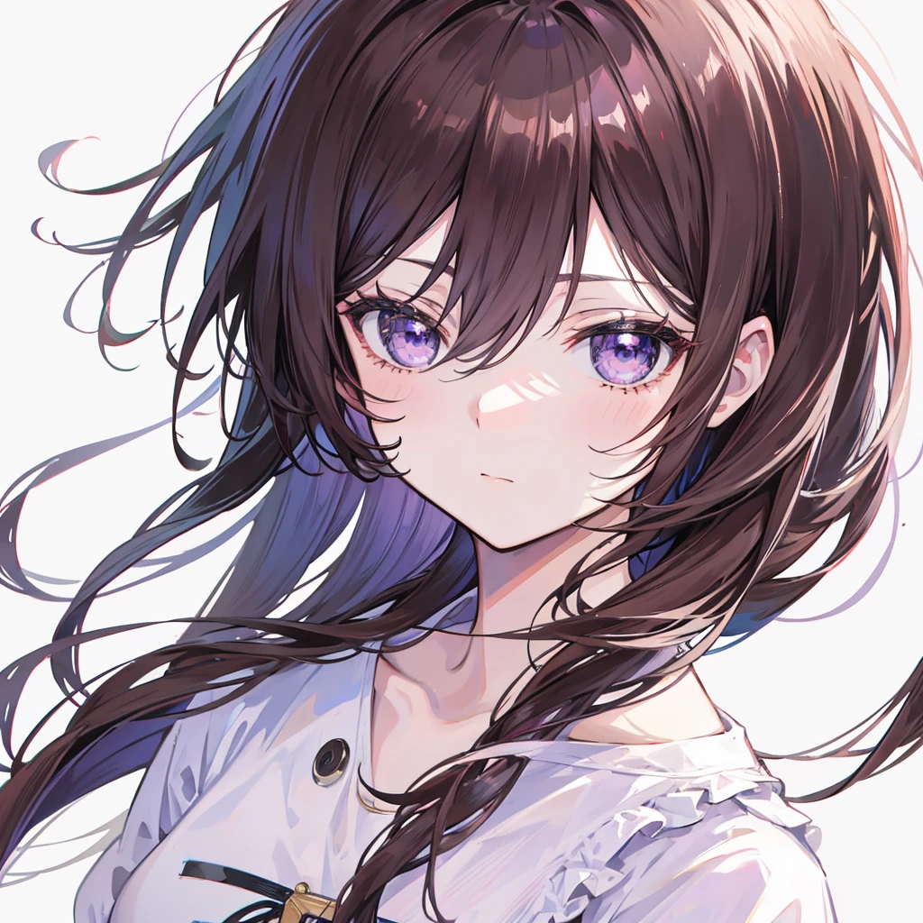 create 1 anime style image of 1 with brown hair with lilac highlights and black eyes white background