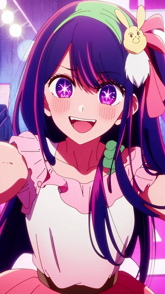 masterpiece、ighly detailed、top-quality、(1 girl in:1.2)、purple color hair、pink dress、big eye、a closeup、A smile、8K、Ai Hoshino、Live performance venue、Live Backgrounds、(((anime styled)))、