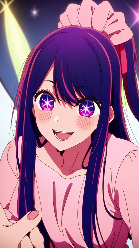 masterpiece、ighly detailed、top-quality、(1 girl in:1.2)、purple color hair、pink dress、big eye、a closeup、A smile、8K、Ai Hoshino、Live performance venue、Live Backgrounds、(((anime styled)))、