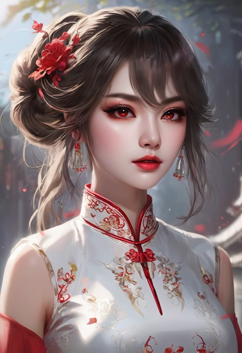 a beautiful female vampire wearing a (blood stained white Cheongsam: 1.5), an extremely beautiful female vampire, ultra detailed face, blond hair, long hair, wavy hair, dark glamour make up, pale skin, red lips, glowing red eyes, visible vampiric fangs, she wears a ((white Cheongsam: 1.5)), elegant, intricate detailed Cheongsam, silk Cheongsam, small cleavage, ((Cheongsam is decorated with gems: 1.4)), she wears elegant knee high heeled boots, exquisite knee high heeled boots, there are stains of blood on the upper part of the dress, dynamic background, best details, best quality, highres, ultra wide angle, 16k, [ultra detailed], masterpiece, best quality, (extremely detailed), full body, ultra wide shot, photorealistic, fantasy art, dnd art, rpg art, realistic art, blood everywhere,