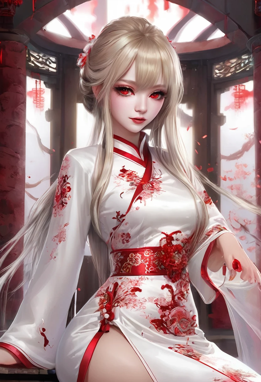 a beautiful female vampire wearing a (blood stained white Cheongsam: 1.5), an extremely beautiful female vampire, ultra detailed face, blond hair, long hair, wavy hair, dark glamour make up, pale skin, red lips, glowing red eyes, visible vampiric fangs, she wears a ((white Cheongsam: 1.5)), elegant, intricate detailed Cheongsam, silk Cheongsam, small cleavage, ((Cheongsam is decorated with gems: 1.4)), she wears elegant knee high heeled boots, exquisite knee high heeled boots, there are stains of blood on the upper part of the dress, dynamic background, best details, best quality, highres, ultra wide angle, 16k, [ultra detailed], masterpiece, best quality, (extremely detailed), full body, ultra wide shot, photorealistic, fantasy art, dnd art, rpg art, realistic art, blood everywhere,