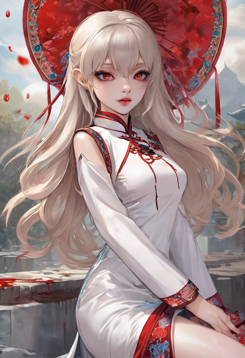 a beautiful female vampire wearing a (blood stained white Cheongsam: 1.5), an extremely beautiful female vampire, ultra detailed face, blond hair, long hair, wavy hair, dark glamour make up, pale skin, red lips, glowing red eyes, visible vampiric fangs, she wears a ((white Cheongsam: 1.5)), elegant, intricate detailed Cheongsam, silk Cheongsam, small cleavage, ((Cheongsam is decorated with gems: 1.4)), she wears elegant knee high heeled boots, exquisite knee high heeled boots, there are stains of blood on the upper part of the dress, dynamic background, best details, best quality, highres, ultra wide angle, 16k, [ultra detailed], masterpiece, best quality, (extremely detailed), full body, ultra wide shot, photorealistic, fantasy art, dnd art, rpg art, realistic art, blood everywhere,
