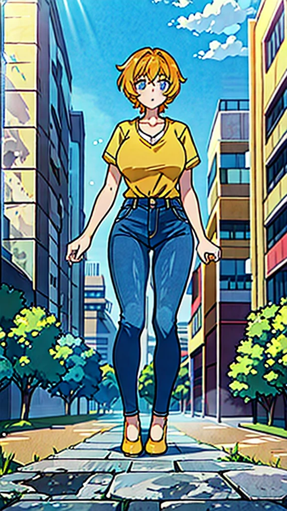 1woman, Large breast, Orange hair, Short hair, yellow t shirt, v neck, Blue jeans, Straight, White shose, Fullbody, (high resolution), (8K), (extremely detailed), (4k), Blue eyes, Outdoors, city, Daytime, Light, Light skin,