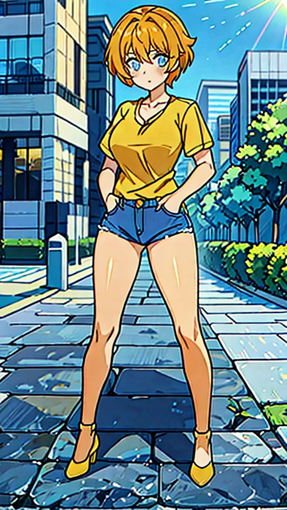 1woman, Large breast, Orange hair, Short hair, yellow t shirt, v neck, Blue jeans, Straight, White shose, Fullbody, (high resolution), (8K), (extremely detailed), (4k), Blue eyes, Outdoors, city, Daytime, Light, Light skin,