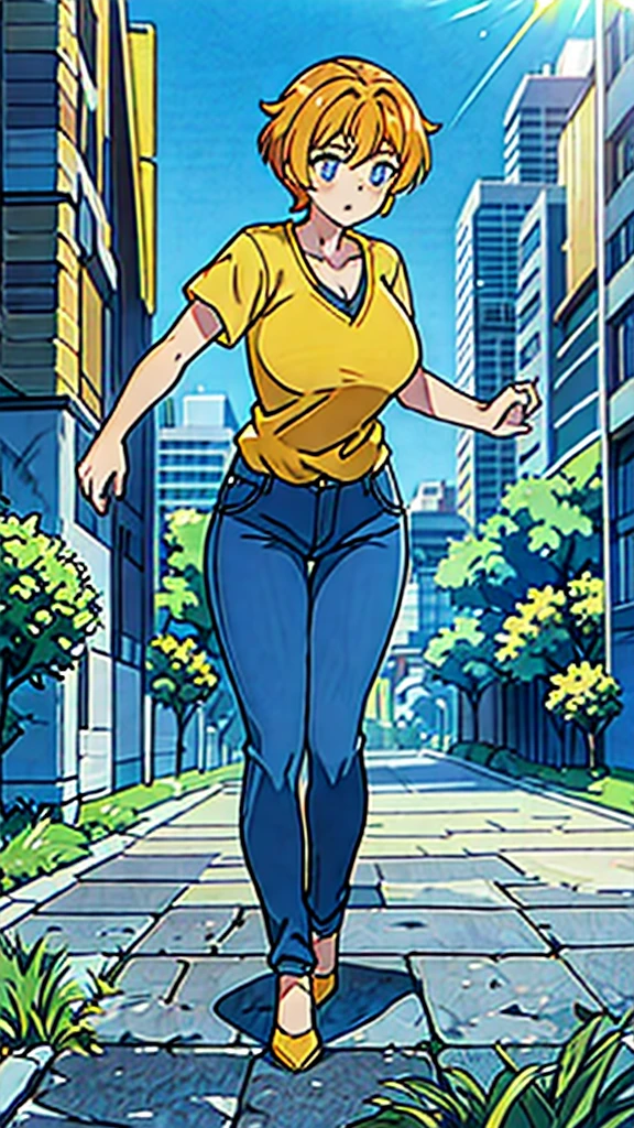 1woman, Large breast, Orange hair, Short hair, yellow t shirt, v neck, Blue jeans, Straight, White shose, Fullbody, (high resolution), (8K), (extremely detailed), (4k), Blue eyes, Outdoors, city, Daytime, Light, Light skin,
