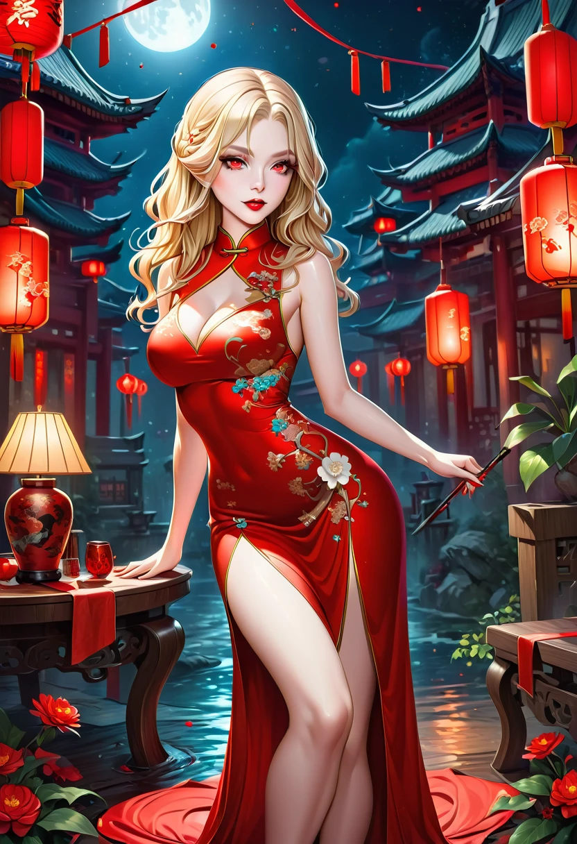 a beautiful female vampire wearing a (blood stained white Cheongsam: 1.5), an extremely beautiful female vampire, ultra detailed face, blond hair, long hair, wavy hair, dark glamour make up, pale skin, red lips, glowing red eyes, visible vampiric fangs, she wears a ((white Cheongsam: 1.5)), elegant, intricate detailed Cheongsam, silk Cheongsam, small cleavage, ((Cheongsam is decorated with gems: 1.4)), she wears elegant knee high heeled boots, exquisite knee high heeled boots, there are stains of blood on the upper part of the dress, dynamic background, best details, best quality, highres, ultra wide angle, 16k, [ultra detailed], masterpiece, best quality, (extremely detailed), full body, ultra wide shot, photorealistic, fantasy art, dnd art, rpg art, realistic art, blood everywhere,