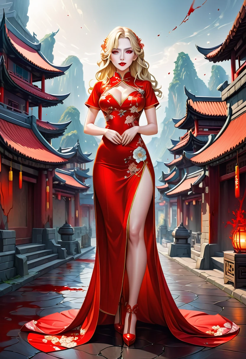 a beautiful female vampire wearing a (blood stained white Cheongsam: 1.5), an extremely beautiful female vampire, ultra detailed face, blond hair, long hair, wavy hair, dark glamour make up, pale skin, red lips, glowing red eyes, visible vampiric fangs, she wears a ((white Cheongsam: 1.5)), elegant, intricate detailed Cheongsam, silk Cheongsam, small cleavage, ((Cheongsam is decorated with gems: 1.4)), she wears elegant knee high heeled boots, exquisite knee high heeled boots, there are stains of blood on the upper part of the dress, dynamic background, best details, best quality, highres, ultra wide angle, 16k, [ultra detailed], masterpiece, best quality, (extremely detailed), full body, ultra wide shot, photorealistic, fantasy art, dnd art, rpg art, realistic art, blood everywhere,
