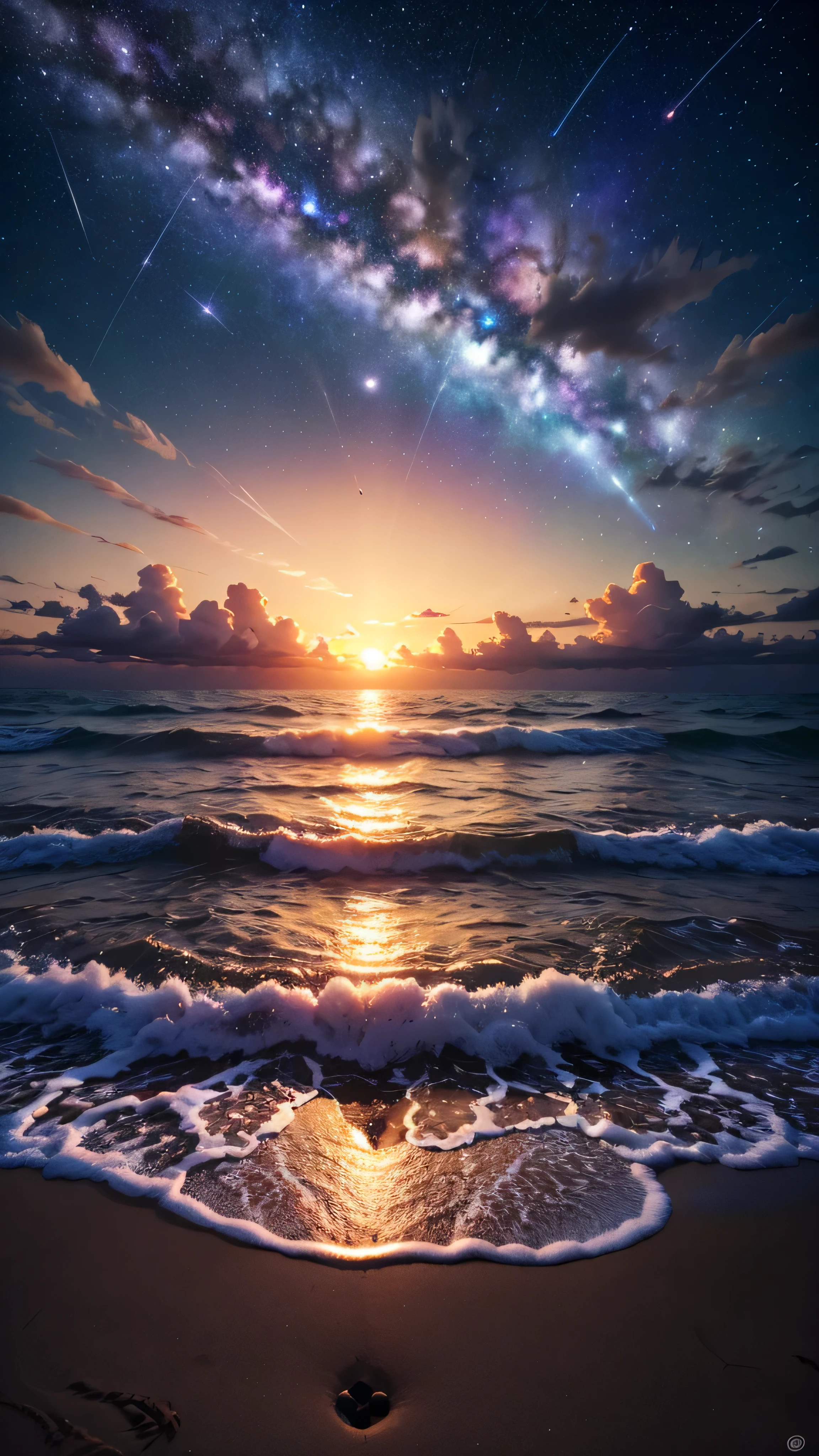 Sunset Beach, Night Sky, Photo realistic, Beautiful sky, Beautiful sea, Detailed, high quality, masterpiece,